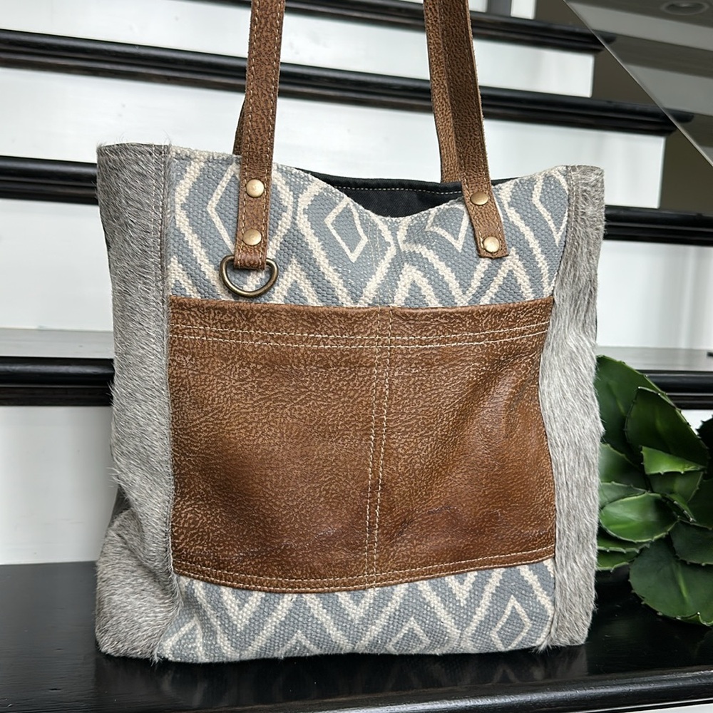 Myra Bag Tan and Gray Tote with Leather Accents